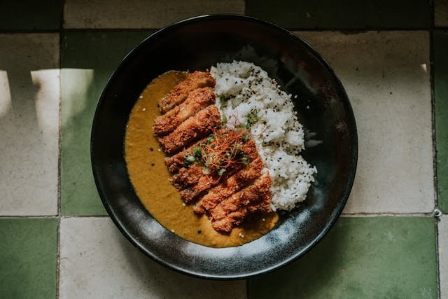 Katsu curry. A pork cutlet served with curry and rice