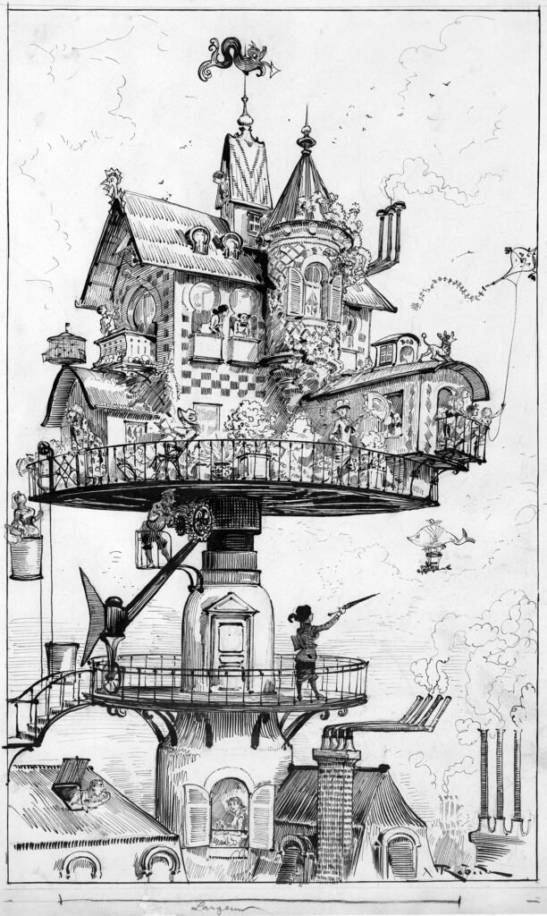 "Maison Tournante Aérienne" or the aerial rotating house by Albert Robida. An influence for the design of Howl's Moving Castle